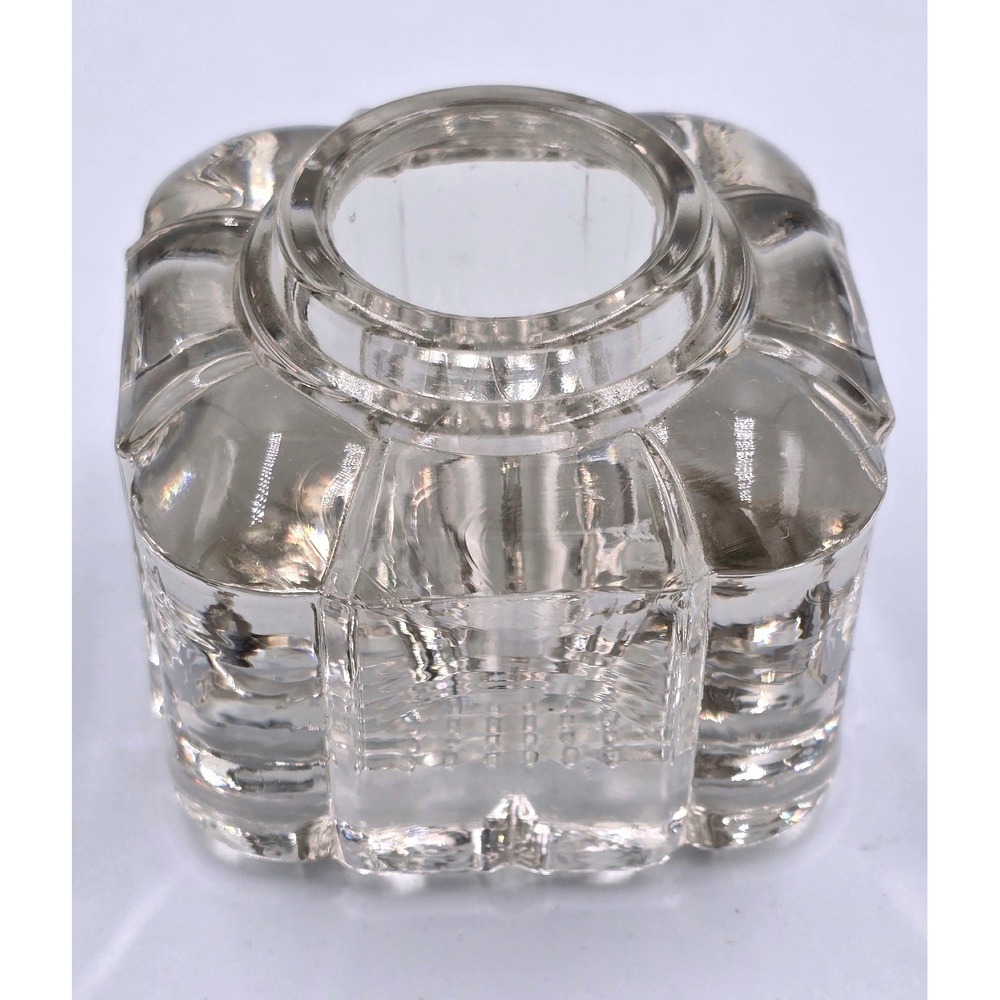 Antique Inkwell Clear Paneled Waffle Bottom Pressed Glass Square Paperweight